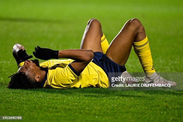 Union's Kevin Rodriguez lies injured on the ground during a Croky Cup 1/4 final match between Royale Union Saint-Gilloise and RSC Anderlecht, in...