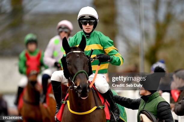 Kilkenny , Ireland - 25 January 2024; Jockey Mark Walsh and Thedevilscoachman before the John Mulhern Galmoy Hurdle at Gowran Park in Kilkenny.