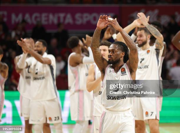 Paris Lee, #3 of LDLC Asvel Villeurbanne celebrates victory the Turkish Airlines EuroLeague Regular Season Round 23 match between FC Bayern Munich...