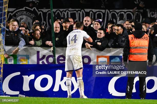 Anderlecht's Jan Vertonghen talks to his supporters during a Croky Cup 1/4 final match between Royale Union Saint-Gilloise and RSC Anderlecht, in...