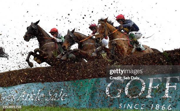 Kilkenny , Ireland - 25 January 2024; Runners and riders, from left, Fakir D'alene, with Danny Gilligan up, Diol Ker, with Kieren Buckley up, and...