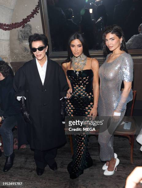 Kris Jenner, Kim Kardashian and Kylie Jenner are seen arriving at the Maison Margiela Fashion show on January 25, 2024 in Paris, France.