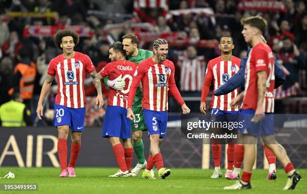 Players of Atletico Madrid celebrate after winning the Copa del Rey Quarter-Final match between Atletico Madrid and Sevilla at Civitas Metropolitano...