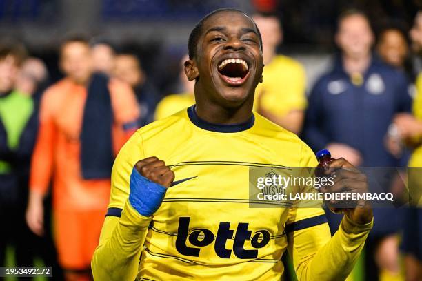 Union's Noah Sadiki celebrates after winning a Croky Cup 1/4 final match between Royale Union Saint-Gilloise and RSC Anderlecht, in Brussels,...