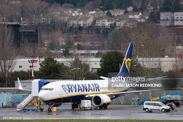 Boeing 737-8AS for Ryanair is parked at Renton Municipal Airport adjacent to Boeing's factory in Renton, Washington, on January 25, 2024. Alaska...