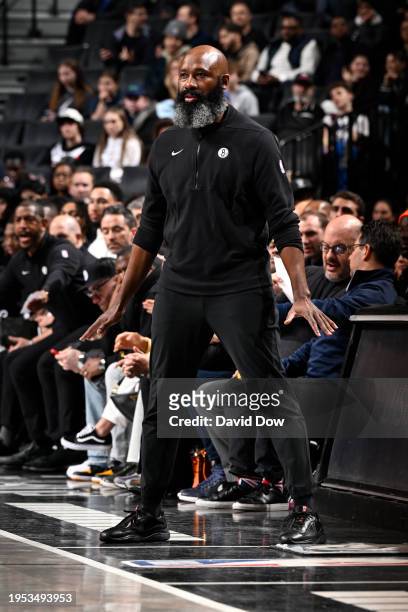 Head Coach Jacque Vaughn of the Brooklyn Nets looks on during the game against the Minnesota Timberwolves on January 25, 2024 at Barclays Center in...