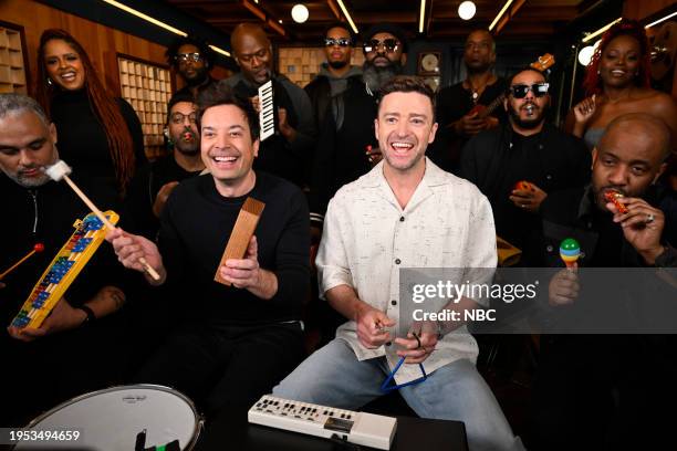 Episode 1910 -- Pictured: Host Jimmy Fallon and singer-songwriter Justin Timberlake with The Roots during "Classroom Instruments" on Thursday,...