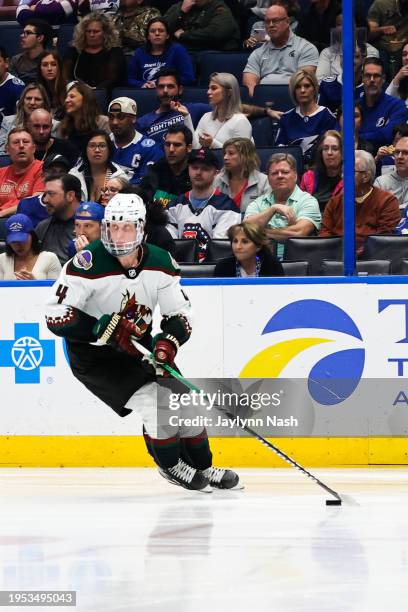 Juuso Valimaki of the Arizona Coyotes skates with the puck during the second period of the game against the Tampa Bay Lightning at Amalie Arena on...