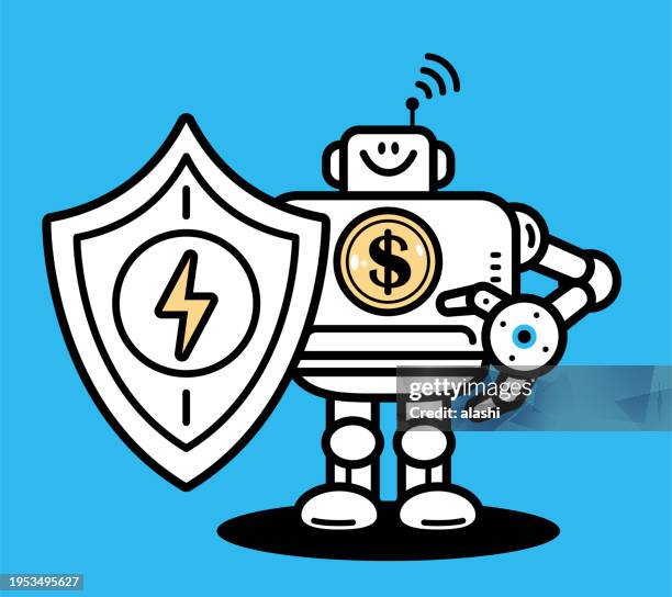 guardian of investments, an ai financial analyst robot holding a powerful shield - financial analyst stock illustrations