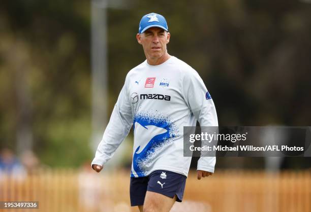 Alastair Clarkson, Senior Coach of the Kangaroos looks on during the North Melbourne Kangaroos training session at La Trobe University on January 26,...