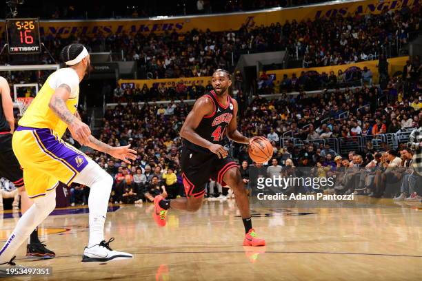 Patrick Williams of the Chicago Bulls handles the ball during the game against the Los Angeles Lakers on January 25, 2024 at Crypto.Com Arena in Los...