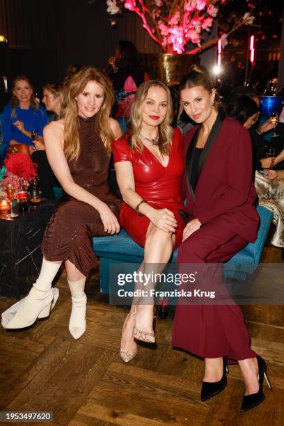 Mareile Höppner, Regina Halmich and Laura Wontorra during the "Frauen100 in Berlin" event at Crackers on January 25, 2024 in Berlin, Germany.