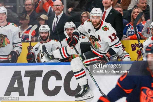 Chicago Blackhawks Left Wing Nick Foligno jumps the boards for a line change in the first period of the Edmonton Oilers game versus the Chicago...