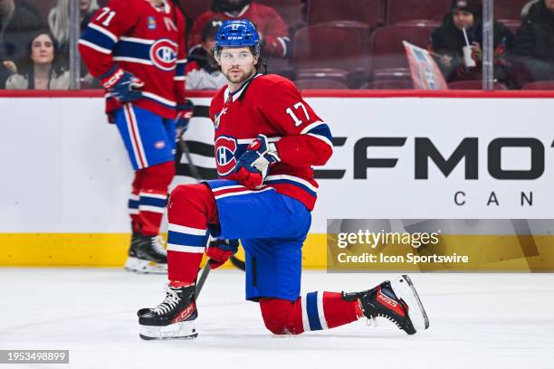 Montreal Canadiens right wing Josh Anderson kneels on the ice during warm-up before the New York Islanders versus the Montreal Canadiens game on...