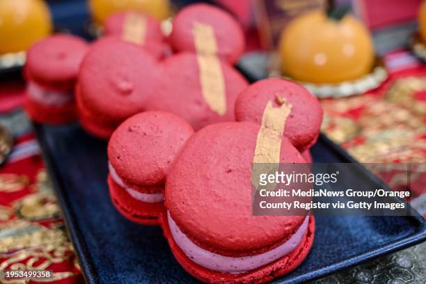 Anaheim, CA Strawberry milk tea macaron with strawberry buttercream with milk tea center available at Bamboo Blessings Marketplace during Lunar New...