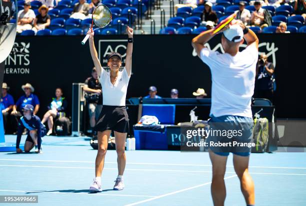 Su-Wei Hsieh of Chinese Taipeh and Jan Zielinski of Poland react after winning against Desirae Krawczyk of the United States and Neal Skupski of...