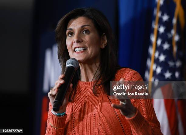 Republican presidential candidate, former U.N. Ambassador Nikki Haley speaks during a campaign event on January 22 in Salem, New Hampshire. Haley...