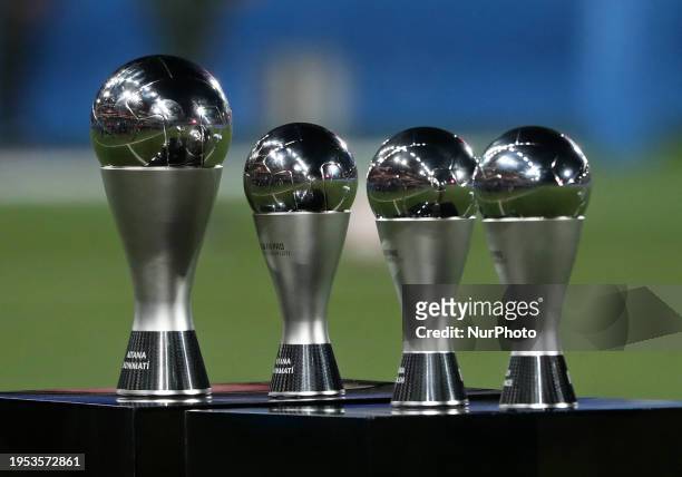 The Best and FIFA FIFPRO Women's World 11 trophies are on display during the match between FC Barcelona and Eintracht Frankfurt for week 5 of the...