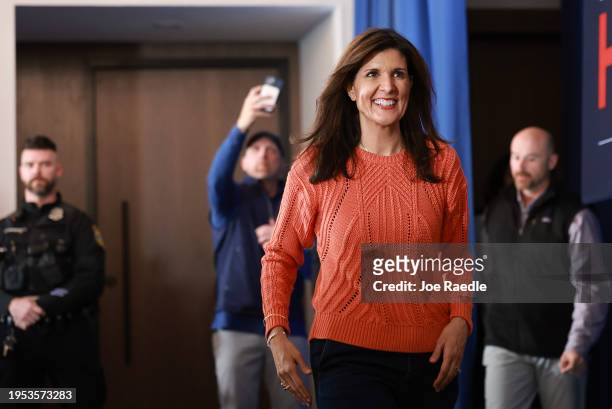 Republican presidential candidate, former U.N. Ambassador Nikki Haley walks to the stage as she is introduced at a campaign event on January 22 in...