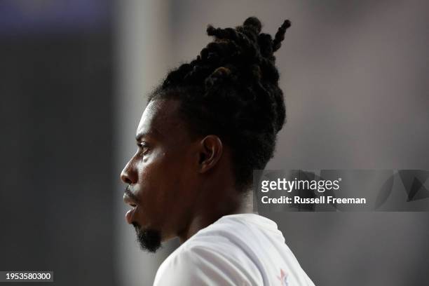 Casey Prather of the Bullets warms up prior to the round 17 NBL match between Brisbane Bullets and Melbourne United at Nissan Arena, on January 26 in...