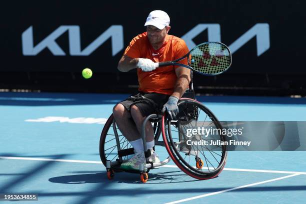 David Wagner of the United States plays a backhand in his Quad Wheelchair Singles match against Donald Ramphadi of South Africa during the 2024...