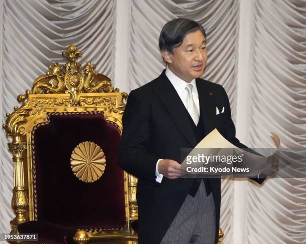 Japan's Emperor Naruhito speaks at the opening ceremony of the regular Diet session in Tokyo on Jan. 26, 2024.