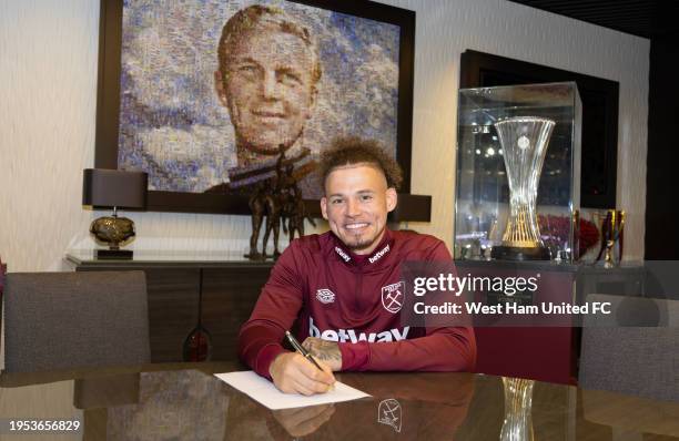 Kalvin Phillips of West Ham United poses after signing at London Stadium on January 25, 2024 in London, England.