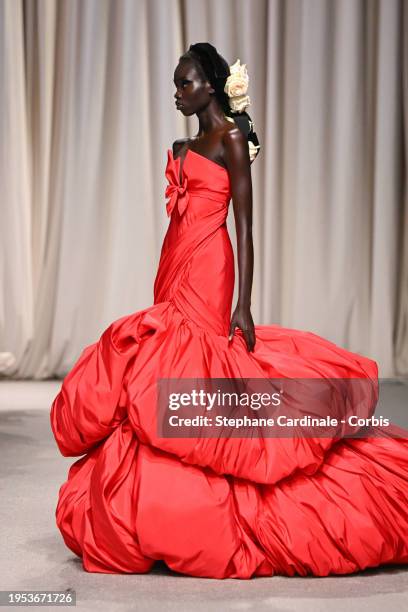 Model walks the runway during the Giambattista Valli Haute Couture Spring/Summer 2024 show as part of Paris Fashion Week on January 22, 2024 in...