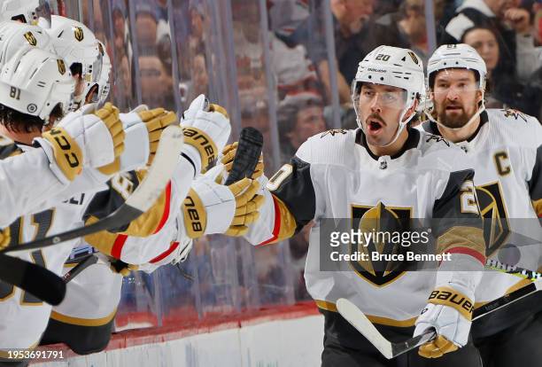 Chandler Stephenson of the Vegas Golden Knights celebrates his second period goal against the New Jersey Devils at Prudential Center on January 22,...