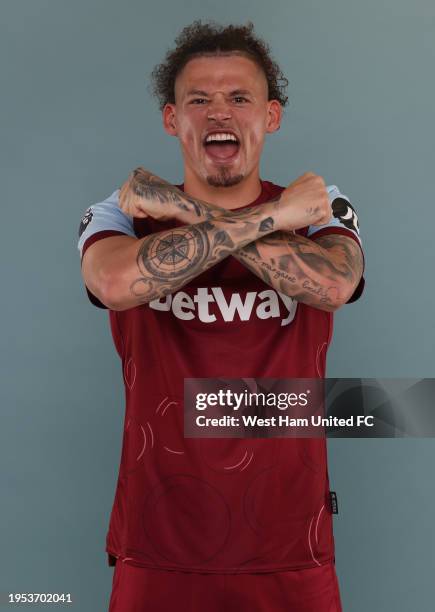 Kalvin Phillips of West Ham United poses after signing at London Stadium on January 25, 2024 in London, England.