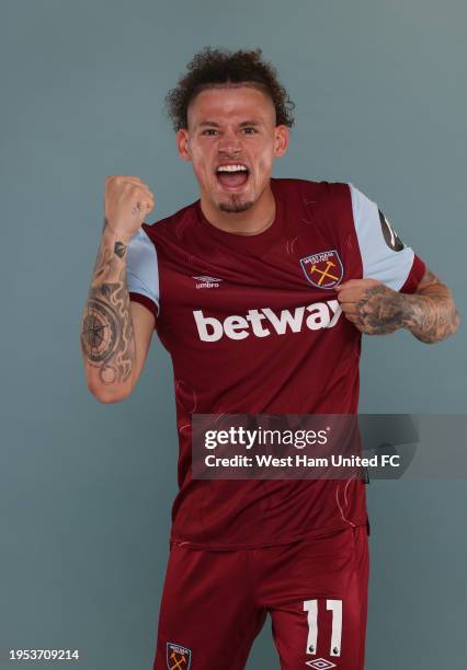 Kalvin Phillips of West Ham United poses after signing at London Stadium on January 25, 2024 in London, England.