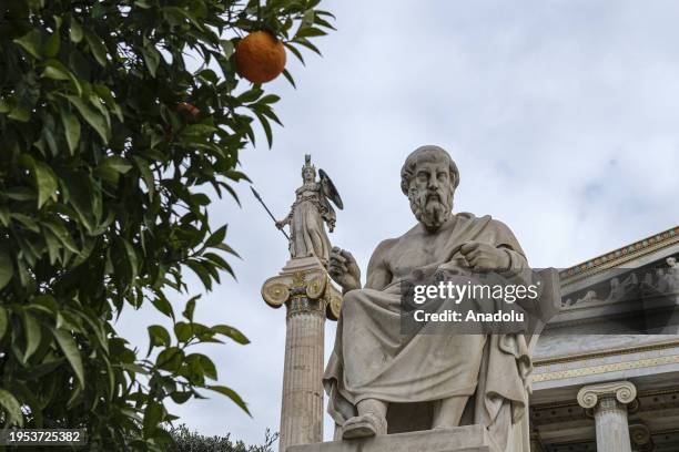 View of the Statue of Plato and the Statue of Athena Promachos outside Academy of Athens in Greece on January 15, 2024.