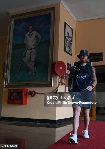 Ben Stokes, the England captain leaves the dressing room and heads towards the nets during the England training session at Rajiv Gandhi International...