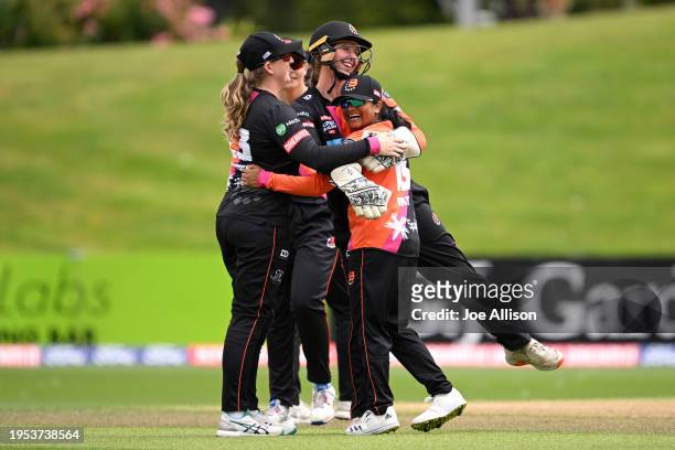The Brave celebrate after defeating the Sparks during the T20 Super Smash match between Otago Sparks and Northern Districts Brave at University of...