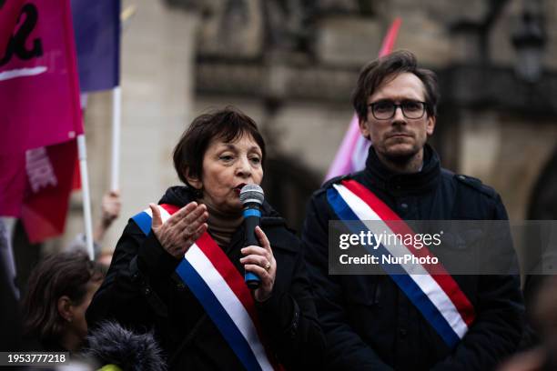 Hundreds of people are gathering at the Place du Louvre in Paris, France, on January 25 during the Constitutional Council's decision on the new...