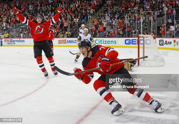 Tyler Toffoli of the New Jersey Devils scores the game-winning hattrick goal at 2:35 of overtime against the Vegas Golden Knights at Prudential...