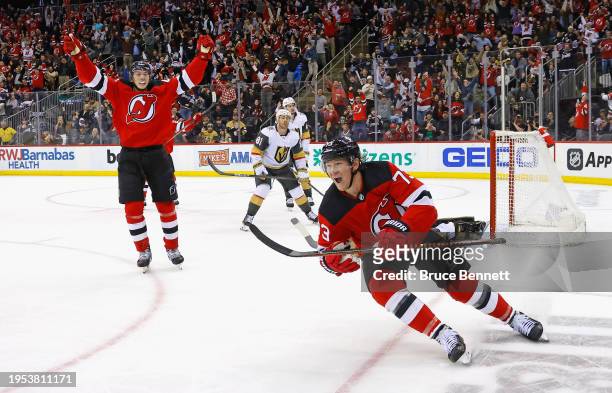 Tyler Toffoli of the New Jersey Devils scores the game-winning hattrick goal at 2:35 of overtime against the Vegas Golden Knights at Prudential...
