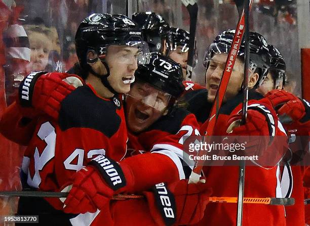Tyler Toffoli of the New Jersey Devils scores the game-winning hattrick goal at 2:35 of overtime against the Vegas Golden Knights at Prudential...
