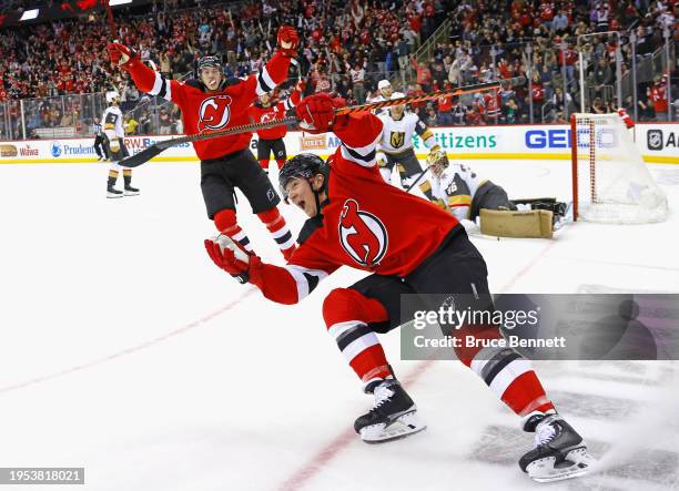 Tyler Toffoli of the New Jersey Devils scores the game-winning hattrick goal at 2:35 of overtime against the Vegas Golden Knights at Prudential...