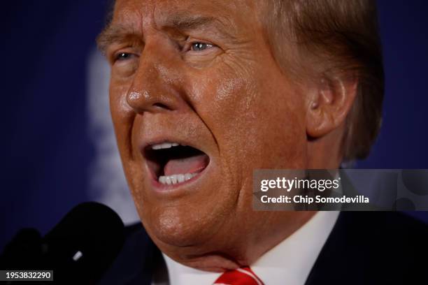 Republican presidential candidate and former President Donald Trump addresses a campaign rally in the basement ballroom of The Margate Resort on...