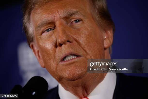 Republican presidential candidate and former President Donald Trump addresses a campaign rally in the basement ballroom of The Margate Resort on...