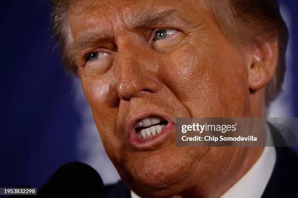 Republican presidential candidate and former President Donald Trump addresses a campaign rally in the basement ballroom of The Margate Resort on...