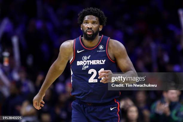 Joel Embiid of the Philadelphia 76ers looks on during the fourth quarter against the San Antonio Spurs at the Wells Fargo Center on January 22, 2024...