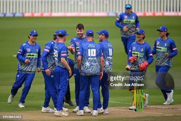 The Volts celebrate after dismissing Scott Kuggeleijnduring the T20 Super Smash match between Otago Volts and Northern Districts Brave at University...