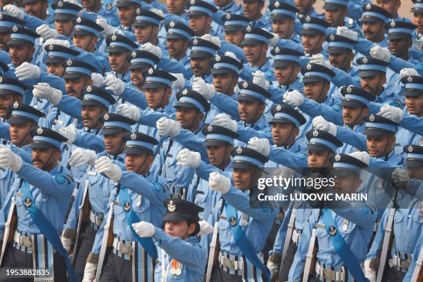 Indian soldiers march at the Republic Day parade in New Delhi on January 26, 2024. President Emmanuel Macron was guest of honour for India's...