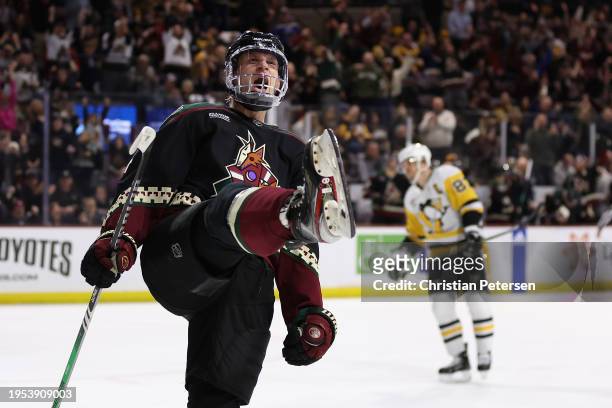 Juuso Valimaki of the Arizona Coyotes celebrates after scoring a goal against the Pittsburgh Penguins during the second period of the NHL game at...