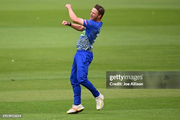 Andrew Hazeldine of the Volts celebrates after bowling Jeet Raval during the T20 Super Smash match between Otago Volts and Northern Districts Brave...