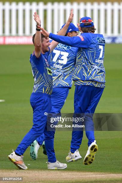 Andrew Hazeldine of the Volts celebrates after dismissing Henry Cooper during the T20 Super Smash match between Otago Volts and Northern Districts...