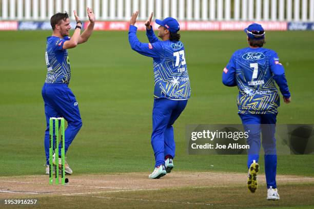 Andrew Hazeldine of the Volts celebrates after dismissing Henry Cooper during the T20 Super Smash match between Otago Volts and Northern Districts...