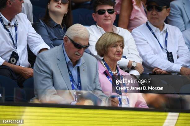 Barrymore Court and Margaret Court look on as Coco Gauff of the United States plays in her quarterfinals singles match against Marta Kostyuk of...